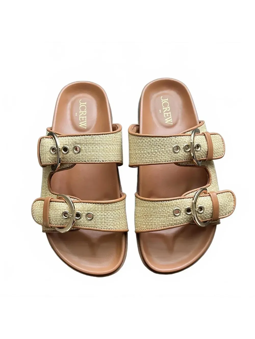 J.Crew Raffia Double Tan & Brown Gold Accents Buckle Slide Sandals